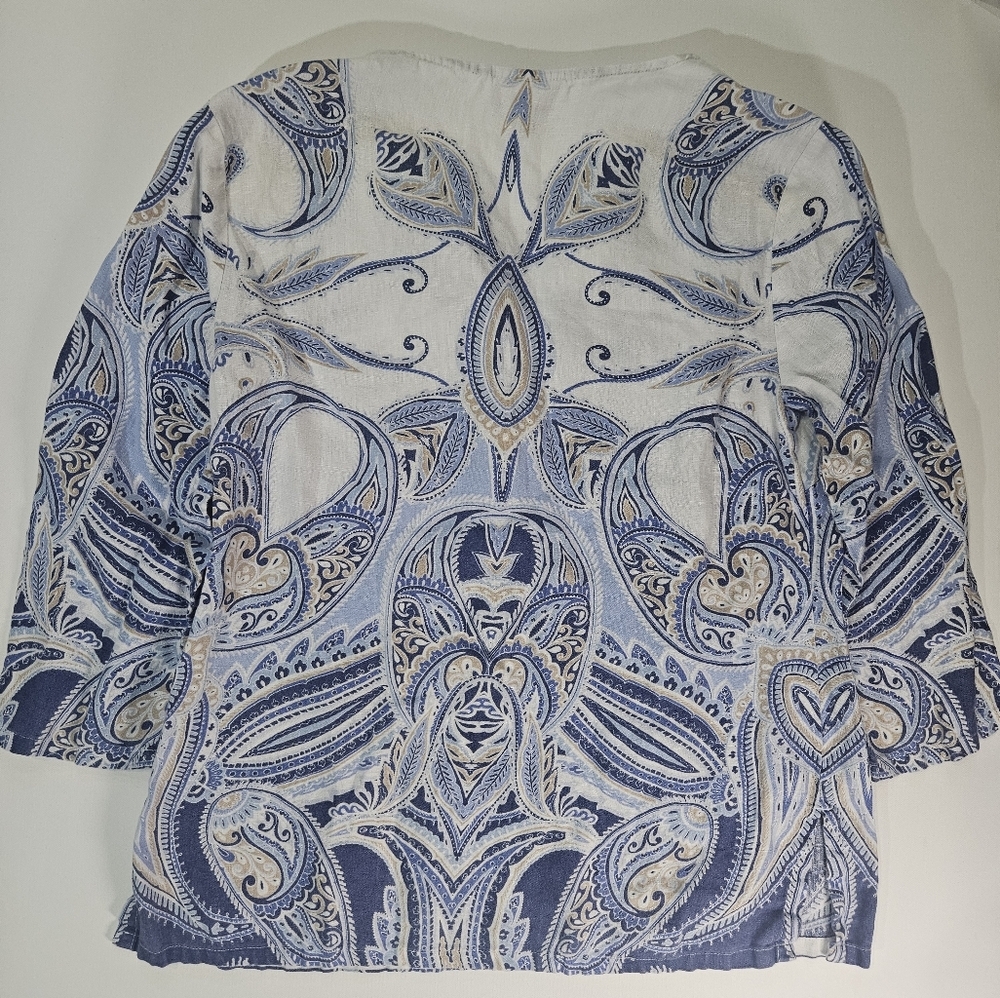 JM‎ Collection 100% Linen Blouse Womens Small White Blue Paisley Boho Old Money